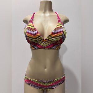 Chevron Stripe Bikini Set Rope Tie Halter Pink Lined Swimwear